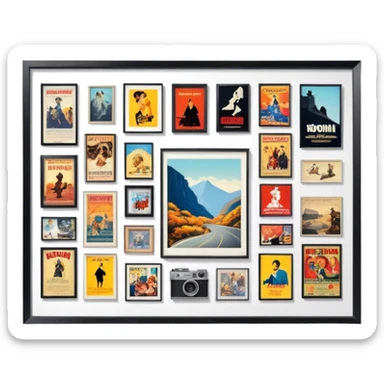Icon for Photograph and Poster Collecting: a collection of photographs and movie posters, neatly displayed on a wall or in frames. The icon should evoke the nostalgia and artistic value of collecting rare images and posters. Transparent background. sticker
