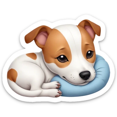 Meme-Worthy Cute Sleeping Jack Russell Terrier Portrait Emoji, Head and body resting peacefully with a contented smile, showcasing a compact, alert yet relaxed form with eyes gently closed in serene slumber, Simplified yet adorably endearing features, highly detailed, glowing with a soft, drowsy canine light, high shine, relaxed and utterly lovable, stylized with an air of playful laziness, soft glowing outline, capturing the essence of a sleeping Jack Russell Terrier that feels destined to become the next viral icon of adorable rest! sticker