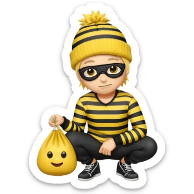 An Apple style rubber emoji is wearing a black beanie and has yellow hair that is spiky but flat hanging out from under it and the robber is wearing a striped shirt and has yellow skin and black eye mask. He also has the money back over his shoulder and is sort of crouching. sticker