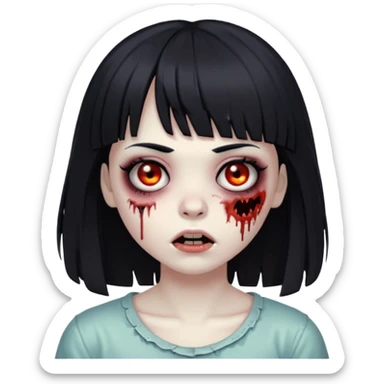 Make a zombie girl with black eyes and black hair with bangs sticker