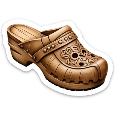 Cinematic Realistic Wooden Clogs Emoji, depicted as a pair of traditionally carved weathered wooden clogs with intricate details and rustic charm, rendered with rich textures and warm natural lighting that captures their cultural heritage. sticker