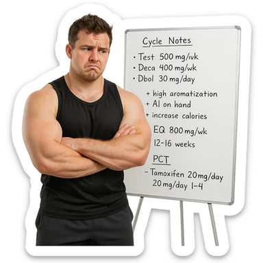 beginner bodybuilder in front of a whiteboard full of notes and dosages, swollen but undefined muscles, doubtful look, sportswear, study atmosphere, isolated on white background sticker