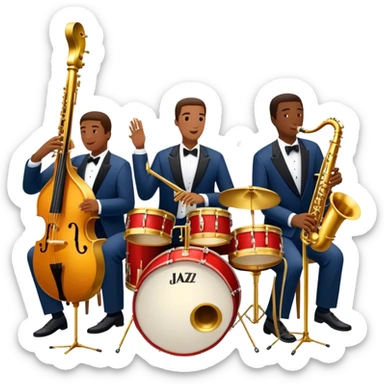 Icon for Jazz Music: The Jazz Messengers, featuring a dynamic composition with Art Blakey on drums and musicians playing saxophone, trumpet, and piano. Musical notes and a warm jazz club atmosphere emphasize the vibrant hard bop style. Transparent background. sticker