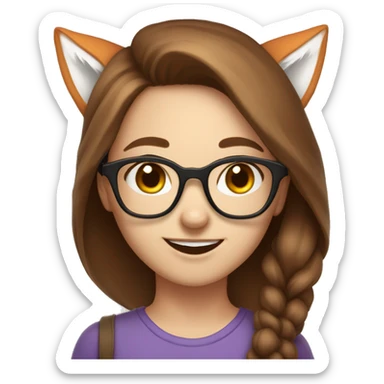 Cute, smiling, long brown haired, white skin girl with glasses and wearing fox ears sticker