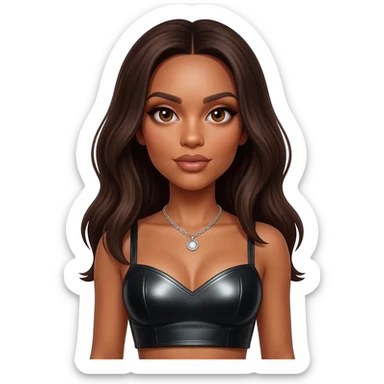 Aaliyah with brown eyes, long dark brown hair, black metallic sweetheart crop top, silver necklace sticker