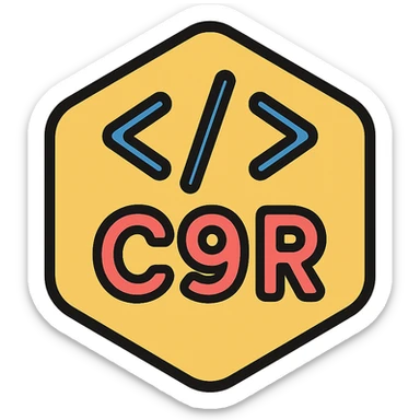 badge-style emoji with 'c9r' text symbolizing 'codeofficer' using digital coding iconography sticker