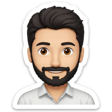 young fair skin pakistani guy smiling with black beard, wavy hair pushed back and brown eyes and thick eyebrows sticker