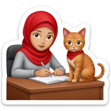 girl with red hijab and tanned skin. she's at a desk with a cat sitting on it sticker