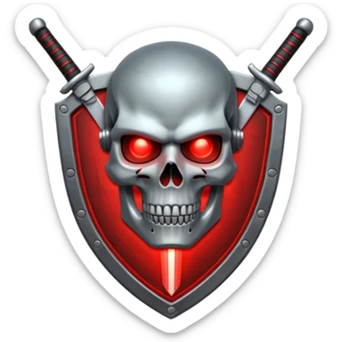 Sci-fi shield badge, terminator style skull, glowing red eyes, crossed futuristic sword energy, starwars light sable, no background sticker