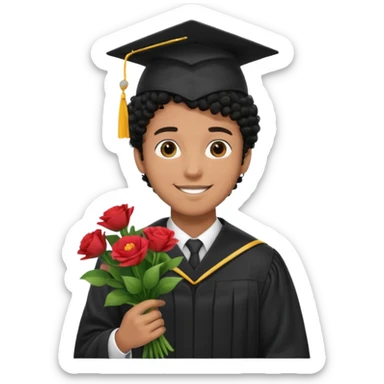 Graduated Students, Male,  brown skin, black curly hair, wearing graduation cap, holding bouquet of flowers
 sticker