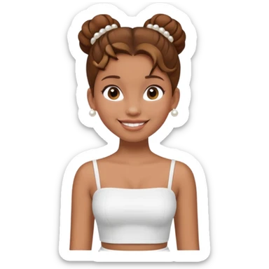 Full body, Light brown skin girl, brown hair in bun, smiling, white tube top, pearl earrings sticker