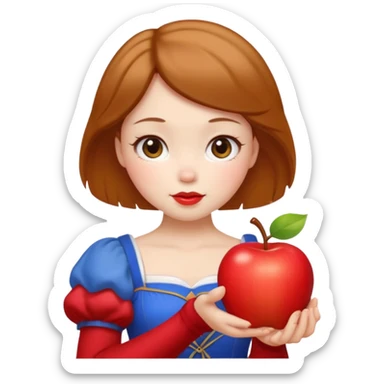 Create an emoji of Snow White holding a red apple, with short golden-brown hair Please create it in a super cute Japanese kawaii emoji style. sticker