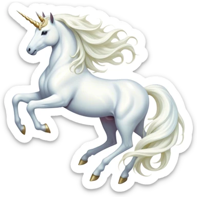 Cinematic Noble White Unicorn Portrait Emoji, Poised and regal, with a slender, ethereal form draped in a pristine white color, a flowing mane and tail, and a glistening, spiraled horn that radiates pure light, Simplified yet sharp and sophisticated features, highly detailed, glowing with a soft, iridescent luminescence, high shine, intelligent and transcendent, stylized with an air of mythical enchantment, focused and serene, soft glowing outline, capturing the essence of a watchful and confident white unicorn that appears ready to prance out of the screen with magical grace! sticker