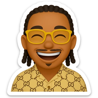 Transform the character into the style of the emoji 'Joy' with a big bright smile, eyes squinting happily, very joyful expression. Keep the face thin, beard only on the chin, mustache above the upper lip, no hair under the lower lip. Add yellow glasses, braided hair, beige patterned shirt. Transparent background. sticker