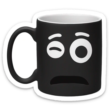 Black ceramic round mug, white on the inside, rubbery on the outside sticker