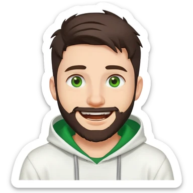 laughing guy with white hoodie, white t-shirt underneath, green eyes, dark brown undercut hairstyle and a short full beard sticker