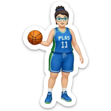 Full Body plus size white female basketball player with short dark hair with highlights spike hair wearing blue glasses  wearing blue green uniform smiling sticker