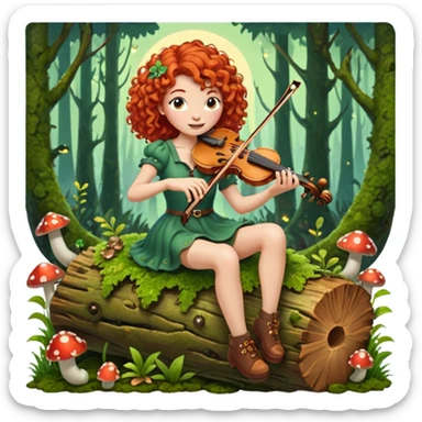 forest sticker character, curly red-haired woman playing violin on mossy log, mushrooms and fireflies around sticker