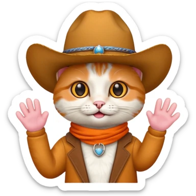 cat waving with a cowboy hat on sticker