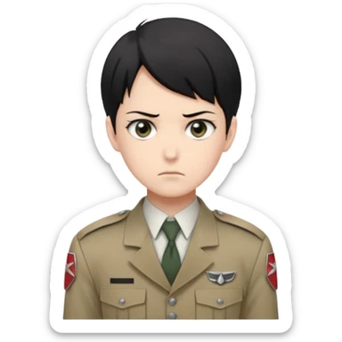 short black neat hair, sharp dark gray eyes, pale skin, serious expression, upright posture, minimal accessories, sharp and precise style. Levi Ackerman  sticker