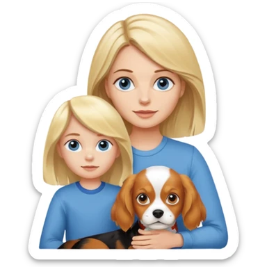 Blond Mom with little blondie blue eyed girl with cavalier charles spaniel trocolora girl sticker