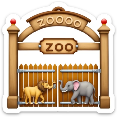 wooden zoo entrance gate with the word 'zoo' on top, featuring an elephant, lion, kangaroo, and monkey, natural hand-crafted emoji style, not AI-generated sticker