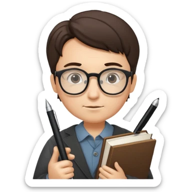 writer holding big pen in hand and closed book in other hand, wearing glasses sticker