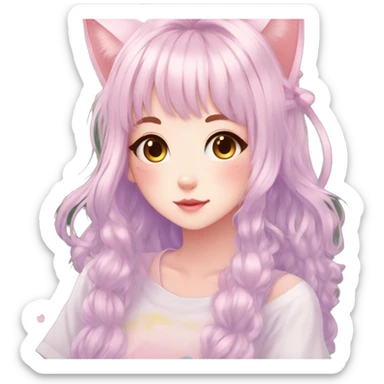 Gorgeous pastel anime girl with blushing face and hair garnitures and pretty hair and cat ears aesthetic trending style sticker