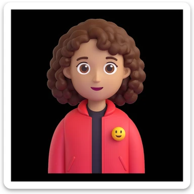 Convert the image into a 3D Apple-style emoji with simplified shapes, cartoon-like look, glossy finish, and soft shadows. Use a white background. Keep key features recognizable, including curly hair and red jacket. sticker