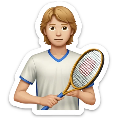 Andrey Rublev recognizable in the style of a well-developed emoji, cropped at the chest, holding a racket sticker