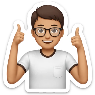 un estudiante que este parado con sus lentes guiñando el ojo y CON LAS MANOS HACIA ARRIBA DANDO LIKE sticker