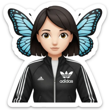 A girl with  medium length, dark hair, fair skin. The style is a butterfly  cut and wore black Adidas track jacket with white stripes on the sleeves. It has a full zipper down the front, a stand-up collar, and the Adidas logo on the right chest emoji sticker