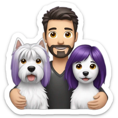 a family consisting of 1 white man with dark brown hair, 1 white woman with purple hair and 1 happy west highland white terrier sticker