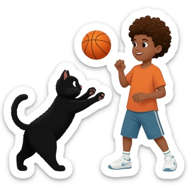 Black cat playing with orange basketball and a little boy with curly hair sticker