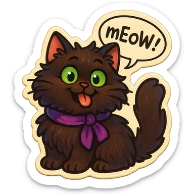 Fluffy cute derpy silly goofy funny dark-brown cat with green eyes and a purple scarf saying ‘mEoW~!’ (With a speech bubble) sticker