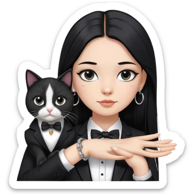 A girl with long straight black hair has upward-slanting eyeliner. She is wearing large silver hoop earrings, a black t-shirt, and a bracelet on her left hand. She is holding a  tuxedo cat with a black face  sticker