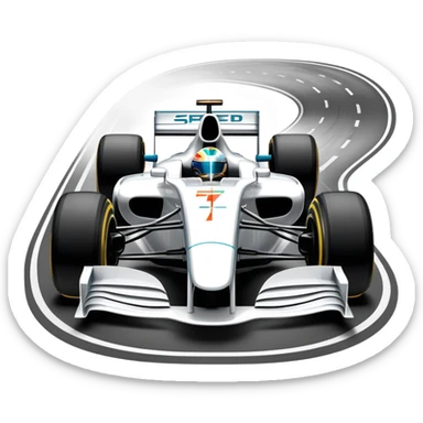 An icon showing a Formula 1 car racing down a track, with speed lines trailing behind. The design captures the intensity of high-speed racing, with sharp curves and bright track lights in the background. Transparent background highlights the action and excitement of racing. sticker