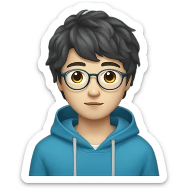 A korean boy with korean hair wearing glasses with cool headphone and wearing a blue hoodie sticker