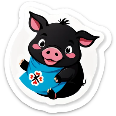 A black piglet wearing on korean cloth with "luck” written on it. sticker