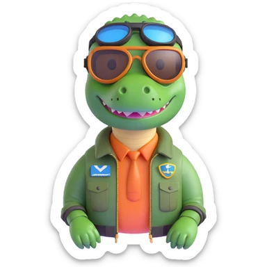 3D rendered crocodile emoji dressed as a bomber pilot, shiny goggles, confident pose sticker