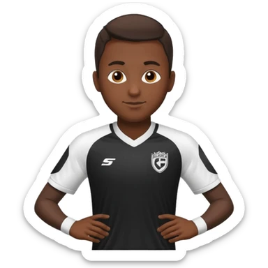 A soccer player wearing a black jersey that has white sleeves and sponsor in white in the middle of the jersey sticker