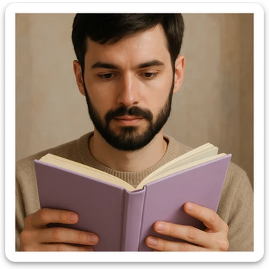 a white young man with a black beard, straight hair, and brown eyes reading a lilac-colored book, visually appealing style sticker