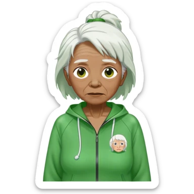 Hong is an old woman, around 50 years old,  Her white hair tie. green tracksuit. She is unkempt and damp with sweat. sticker