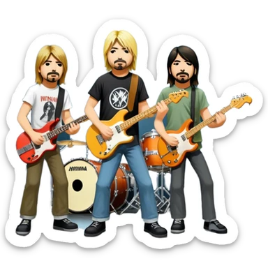 Icon for Rock Music: Nirvana performing on stage with Kurt Cobain on guitar and vocals, Krist Novoselic on bass, and Dave Grohl on drums. A grunge-inspired vibe with dynamic stage lighting and musical energy. Transparent background. sticker