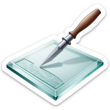 Glass carving icon, piece of glass being etched with carving tools, fine lines and patterns on the glass surface, glass cutter, minimalistic style, clean lines, transparent background. sticker
