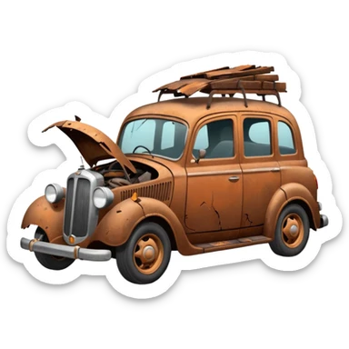 Side view of a broken-down old car with steam from the bonnet, shattered windows, rusted doors, a flat tire, dents, peeling paint, and a grimy, neglected look. sticker