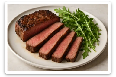beef steak cut into slices, served on a white plate with green arugula, realistic style sticker
