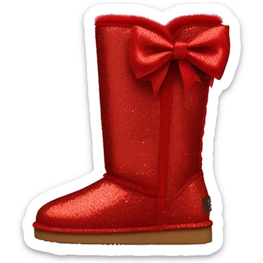 Pair of red glitter Ugg fur boots with red silk ribbon bows. sticker