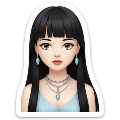 pale pretty girl with long black hair with straight bangs slightly above the brows and a hime cut after her chin, dark brown eyes, blushed lips and cheeks, long lashes, a silver necklace and  bracelets, with a classic timeless luxury style sticker