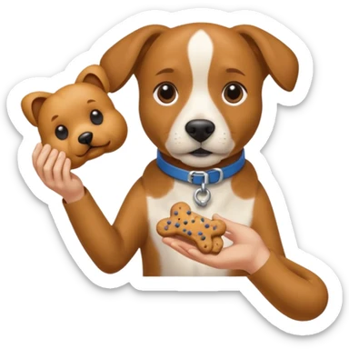 trainer hand holding a treat in front of a dog sticker
